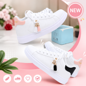 White Lace Up Sneakers with Green and Black Accent Style