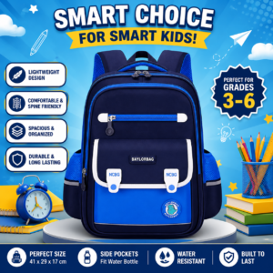 BAYLORBAG Kids Waterproof School Backpack, Sky Blue and Navy Blue