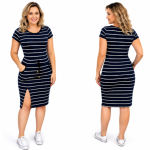 Navy Blue Striped Cap Sleeve Midi Dress with Drawstring Waist