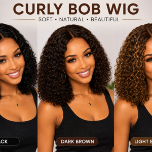 Curly Bob Lace Front Human Hair Wig, Natural Black