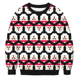 Christmas Sweater with Pixel Santa Claus Print