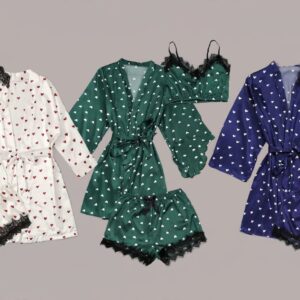 Satin Pajama Set 3-Piece, Heart Print with Lace Trim