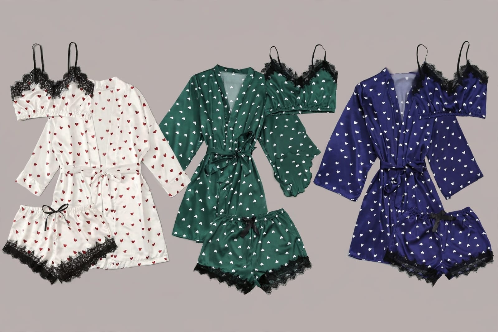 Satin Pajama Set 3-Piece, Heart Print with Lace Trim